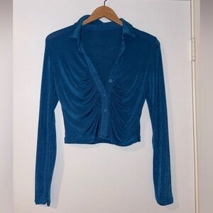 Blue Button Down Long Sleeve Semi-Crop Shirt